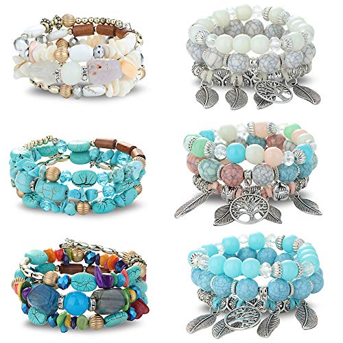 Jstyle 6Sets Bohemian Stackable Bead Bracelets For Women Stretch Multilayered Beaded Bracelet Set Leaf Tassel Charm Bangles Women Gifts #TOP25