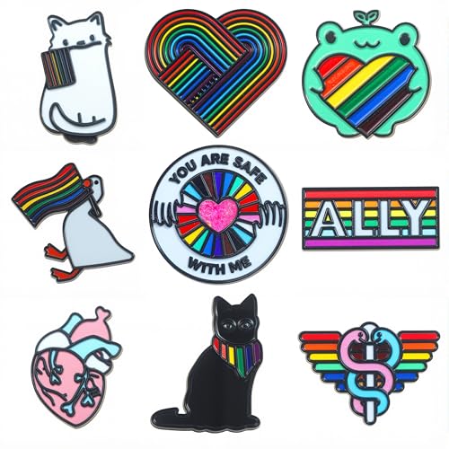 Image of 9PCS LGBTQ Pride Pins Set Ally Pin You Are Safe With Me Pin Frog Cat Rainbow Heart Pins Decorations Pride Accessories Merch