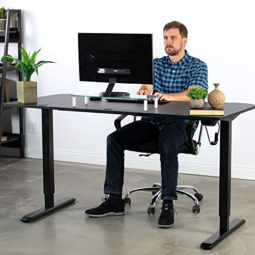 Vivo Electric Height Adjustable 63 X 32 Inch Stand Up Desk, Complete Active Workstation With 3 Section Black Table Top, Black Frame, Touch Screen Controller, Desk-Kit-2E1B #TOP7
