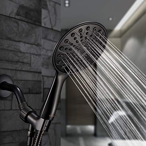 Couradric Handheld Shower Head, 6" Oil-Rubbed Bronze Face 6 Spray Setting Shower Head with High Pressure, Brass Swivel Ball Mount and Extra Long Flexible Stainless Steel Hose