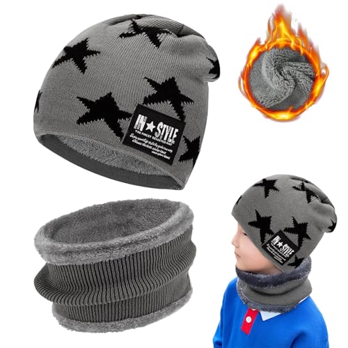 RCYHCY Wintermütze und Schlauchschal Set für Kinder - Warm Beanie Mütze mit Fleece Gefüttert für 5-15 Jahre Jungen und Mädchen - Geschenk