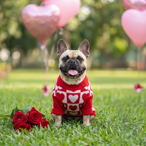 Image of Fitwarm Checkered Heart Dog Sweater, Cozy Valentines Outfit for Small Dogs Girl, Festive Pet Clothes, Red, White, XS