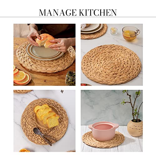 Image of Laquedecraft 11.8 inch Set of 4 Round Water Hyacinth Placemats | Boho Woven Rattan Table Mats | Farmhouse Wicker Spring Plate Chargers Like Corn Husk, Seagrass for Wedding, Party, Christmas, Events
