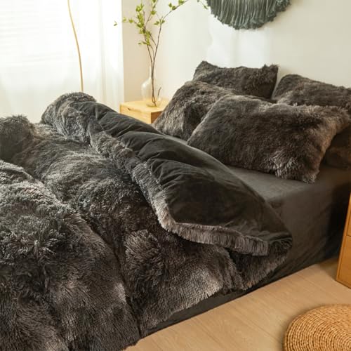 Fluffy Faux Fur Tie Dye Black Comforter Cover Twin Set – Plush Fluffy Tie Dye Black Bedding 2-Piece Set (1 Furry Duvet Cover + 1 Shaggy Pillow Sham) Cozy Bed Set