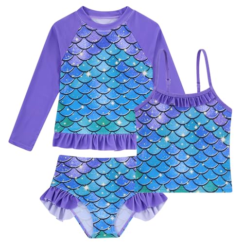 Image of BFUSTYLE Girls Swimsuit 3 Pieces Rash Guard Kids Long Sleeves Bathing Suit 3-8 Years Sun Proction Swimwear Tankini