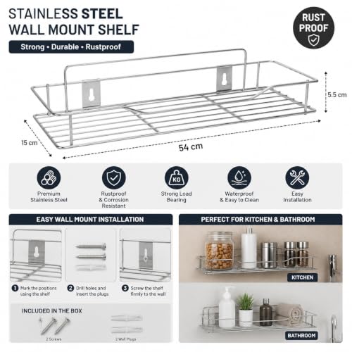 Image of TechSrmaji Stainless Steel Wall Mount Shelf for Kitchen and Bathroom, Heavy Duty Storage Rack, Rustproof, 54x15x5.5 cm, Pack of 2