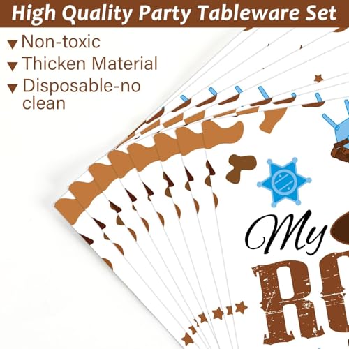 Image of 96 Pcs My First Rodeo Birthday Party Supplies Paper Plates Napkins Western Blue Cowboy 1st Rodeo Party Birthday Tableware Set Decorations Favors for Boy Baby Shower Serves 24