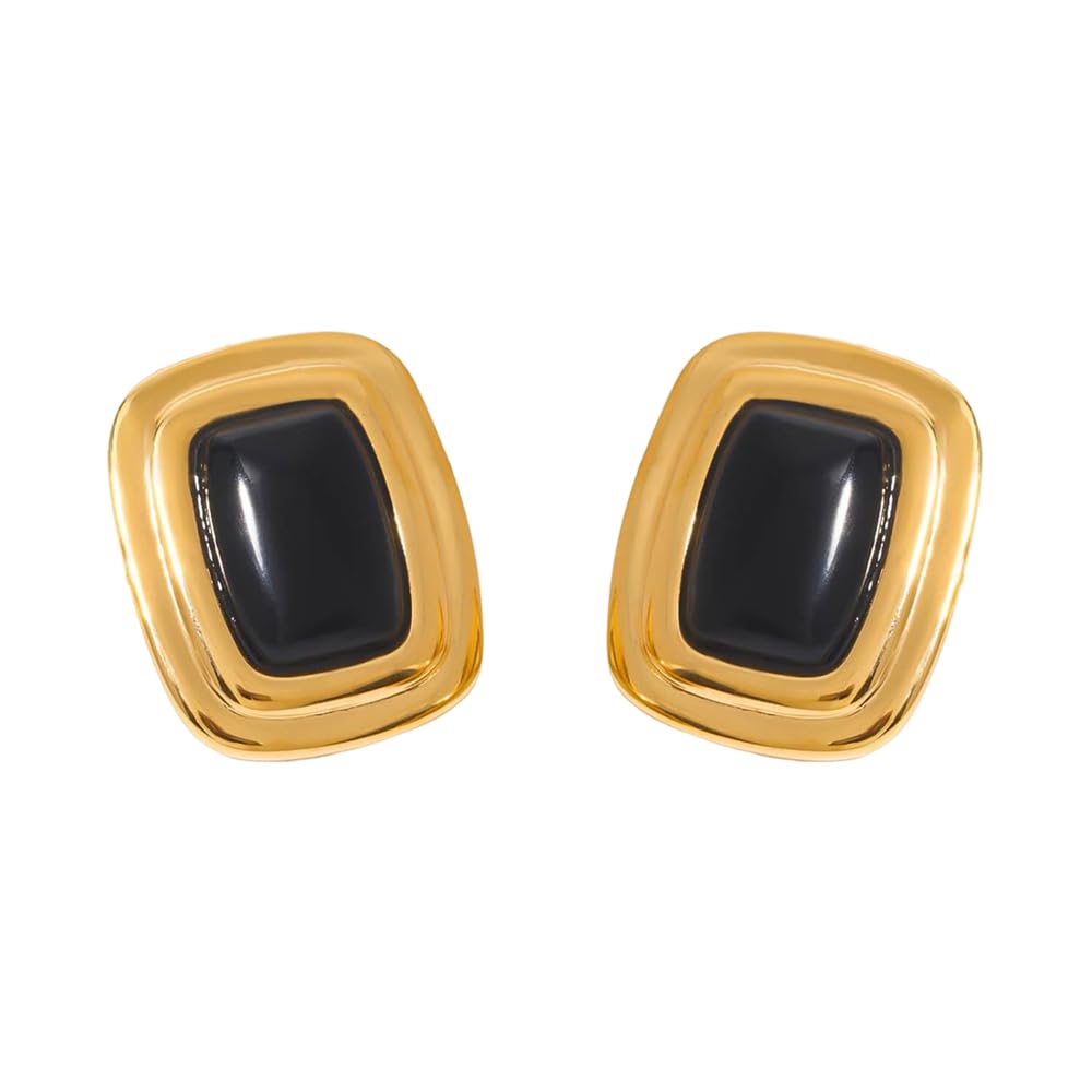 Chunky Rectangle Black Onyx Big Stud Earrings for Women Vintage Stainless Steel 14k Gold Plated Square Geometric Statement Studs Sensitive Ears