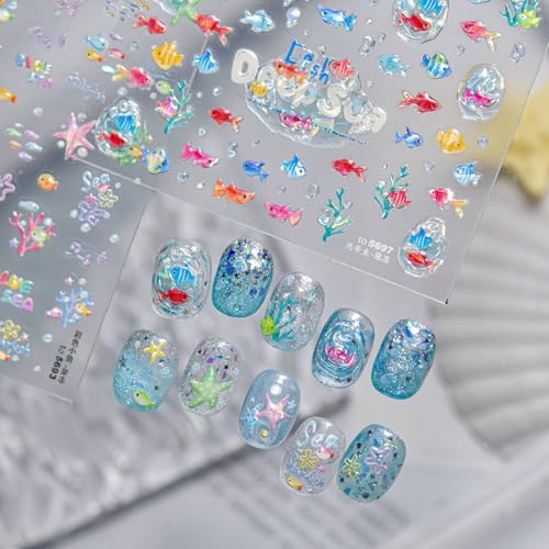 Image of Tropical Fish Nail Stickers Summer Nail Art Stickers Ice-Transparent Design 5D Embossed Self Adhesive Nail Decals for Women Manicure DIY Decoration Accessories