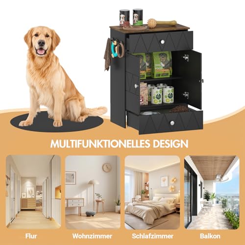 Haustier-Futterschrank mit Lagerschrank, Futterschrank Hund mit 2 Edelstahlnäpfen & 3 Haken, Hundefutterstation mit Schubladen & Verstellbarer Ablage, Hundebar für Hunde, 61x35,5x82,5cm (Schwarz)