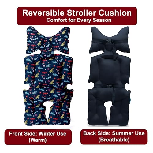 Image of Motherly Baby Stroller Seat Cushion | Reversible and Universal Fit Pad for Strollers, High Chairs, Car Seats & Rockers | Soft, Breathable Pram Liner with Secure Straps & Safety Belt Slot