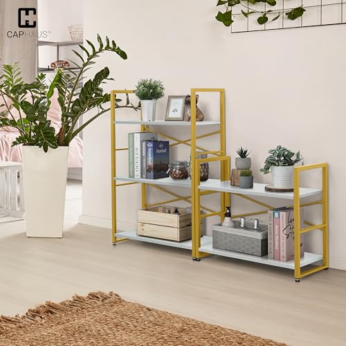 Image of CAPHAUS 2 Tier Small Bookshelf, 24 Inch Width Free Standing Shelf, Bookcase Shelf Storage Organizer, Industrial Book Shelves for Home Office, Living Room, White Wooden Shelves & Gold Frame