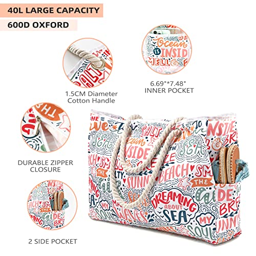 Tote Bag For Women - Beach Bag, Beach Tote Bag, Waterproof Beach Bag With Zipper, Large Beach Bag For Pool Gym Grocery Travel Multicolor #TOP2