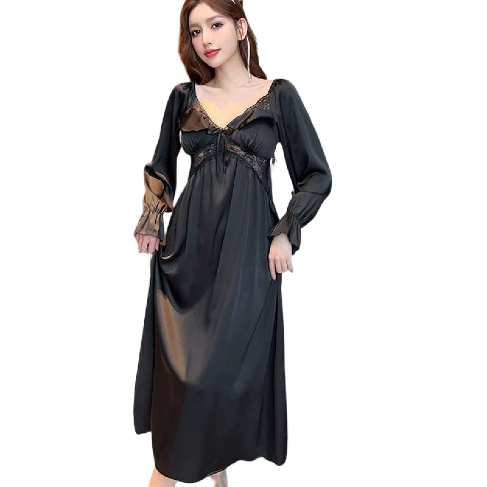 Camicie Cava Pizzo Indumenti Camicia Notte in Raso di Seta da Donna Estivo Maniche Lunghe Abito con Scollo a V Casual Abbigliamento per la casa Pigiama