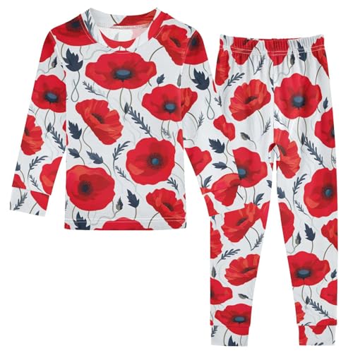 SPRIPORT Red Flowers Poppies White Soft Comfy Pajama Set Sleepwear 2 Piece Pjs Set Cotton Long Sleeve Top and Pants