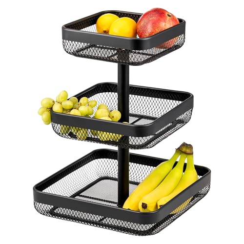 eluno Bandeja Cuadrada de 3 Pisos para Frutas/Pan, frutero, frutero, Cesta de Metal Negro, Mucho Espacio para el Almacenamiento ordenado de Frutas, Verduras, Pan y Aperitivos en la Cocina y el salón
