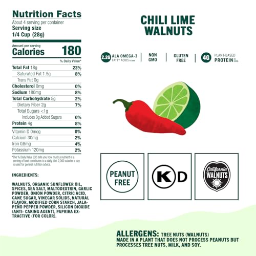 Image of Go a Little Nuts Chili Lime Walnuts, 4 oz Snack Pack (Pack of 4) Fire Roasted & Zesty, Plant Protein, Non-GMO, Peanut Free, Gluten-Free Healthy Snack for Kids and Adults