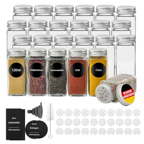 Withosent Gewürzgläser Eckig 24er Set, 120ml Gewürzdosen Glas Gewürzstreuer mit Schraubkappe mit 324 Deutsch Etiketten, Gewürzbehälter Gewürze Aufbewahrung mit Streueinsatz