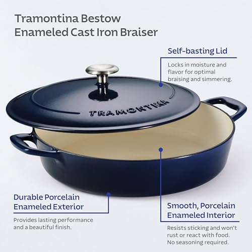 Image of TRAMONTINA Bestow Enameled Cast Iron Braiser 3.8L with Lid | Casserole Pan | Shallow Dutch Oven | Even Heat Retention | Low Oil Healthy Cooking | No Seasoning Required | All Cooktops Compatible | Blue