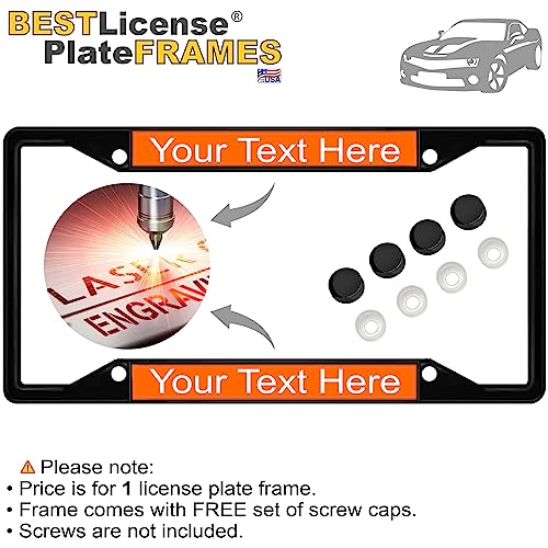 Image of Personalized with Custom Text Design - 4 Hole Black Metal Laser Engraved US Standard Size - Car License Plate Frame with Free caps - Orange /White Text (Qty: 1 Frame)
