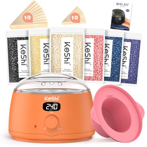 KeShi Waxing Kit for Women and Men, Digital Wax Warmer with 6 Bags Hard Wax Beads, at-Home Hair Removal Wax Kit for Full Body, Face, Eyebrow, Bikini, Legs, Brazilian &amp; Sensitive Skin(Vital Orange)