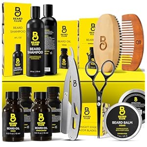 The Beard Club Beard Kit for Men – Grooming & Care Kit – Cedar & Sandalwood Oil, Cedar Balm, Shampoo, Brush, Comb, Trimming Scissors, Straight Edge Razor – Gift Set