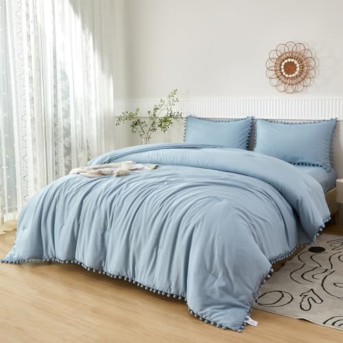 PERFEMET 5 Pcs Blue Bed in A Bag Queen Size Boho Aesthetic Pom Pom Bedding Comforter Set with Sheets Lightweight Soft Pom Solid Comforter for Women Men(Grayish Blue, Queen)
