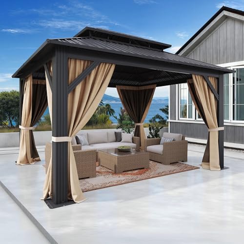 DWVO 12x14ft Aluminum Gazebo Hardtop Double Roof Canopy Outdoor Gazebo Galvanized Roof with Netting and Curtain Garden Tent for Patio Backyard and Deck