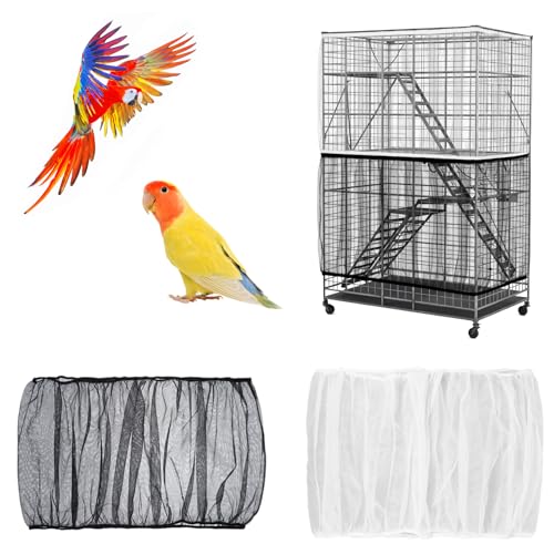Nogeqi 2PCS Bird Cage Seed Catcher, Nylon Adjustable Elastic Bird Cage Net Cover Skirt Guard, Universal Birdcage Accessories for Parrot Canary Parakeet Cockatiel Budgie Quail (Black, White)