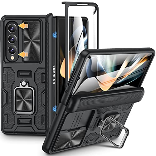 wlooo Funda para Samsung Galaxy Z Fold 4 Soporte Kickstand Magnético Giratorio de 360°Cámara Deslizante, Protección de Bisagra TPU Bumper Silicona Carcasa Militar Protección Case Cover (Negro) Cover