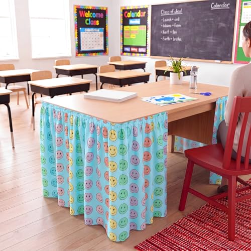 Image of Oudain 14 ft Smiling Face Table Skirt Cloths for Teacher Desk Cartoon Wrinkle Smiling Face Table Cover Skirt for Kindergarten Classroom Kidney Shaped Desk Back to School Supplies