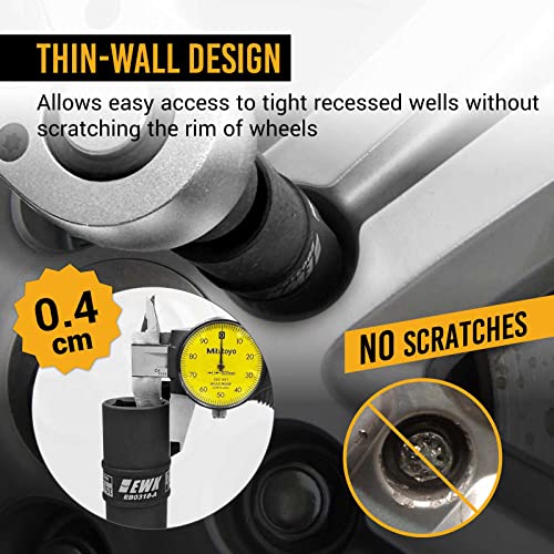 EWK 1/2\" Drive 8-in-4 Flip Thin Wall Lug Nut Impact Socket Set with 17mm, 19mm, 21mm, 22mm, 3/4\", 13/16\", 7/8\", 15/16\" Metric & SAE Sizes & 3\" Extension Bar