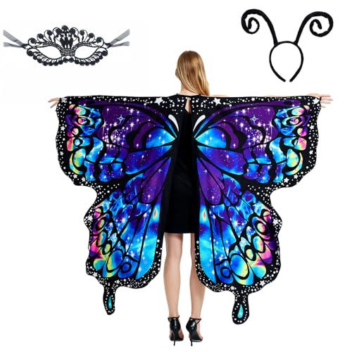 LYL. Ling Schmetterlingsflügel für Erwachsene, Feenflügel, Schmetterlingsumhang, Halloween-Kostüme für Damen, 3-teiliges Schmetterlings-Kostüm...