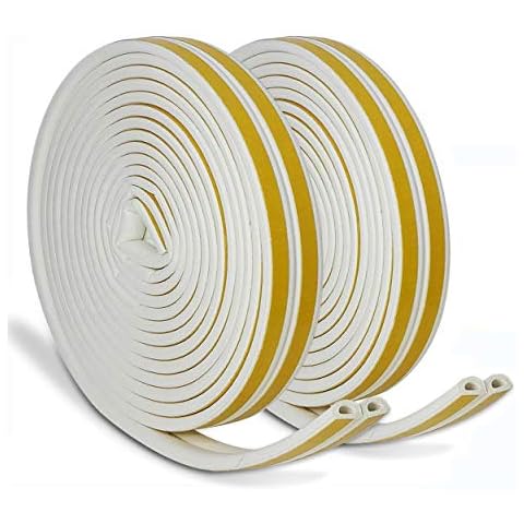 JEMESI Window Draught Excluder Tape D Type Self-Adhesive Waterproof Excluder Strip Foam Seal Soundproofing Avoidance Rubber Weatherstrip 9mm(W) x 6mm(T) X 5 Meters, 4 Seals Total 20M(White) Cover