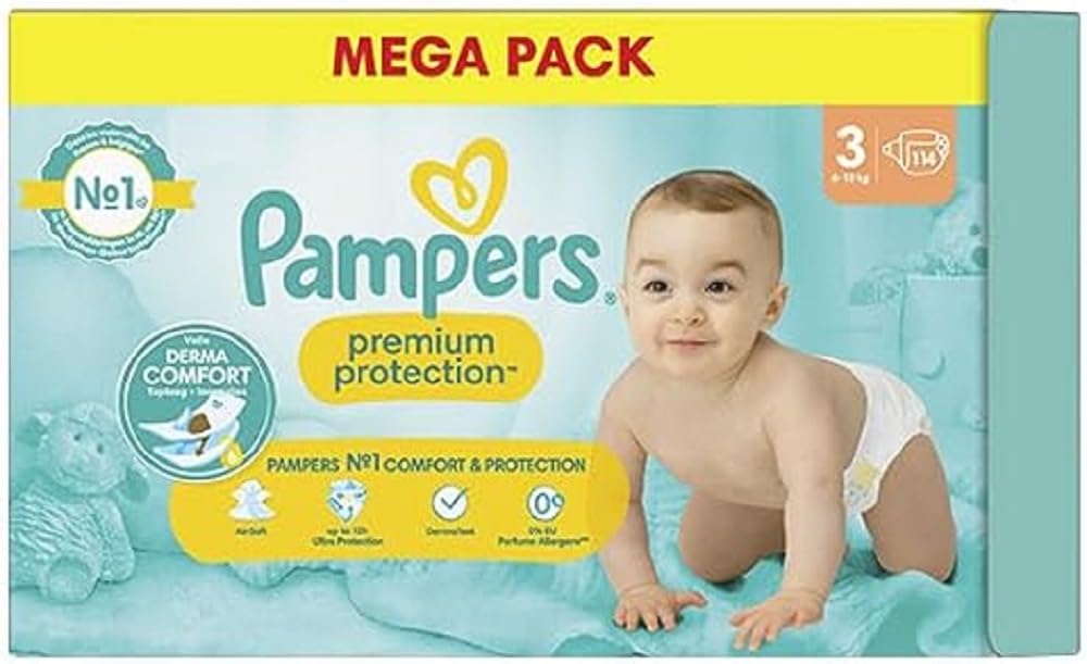 Pampers Premium Protection Size 3, Nappies x114, 6kg - 10kg, Our N°1 for Comfort and Protection for Sensitive Skin