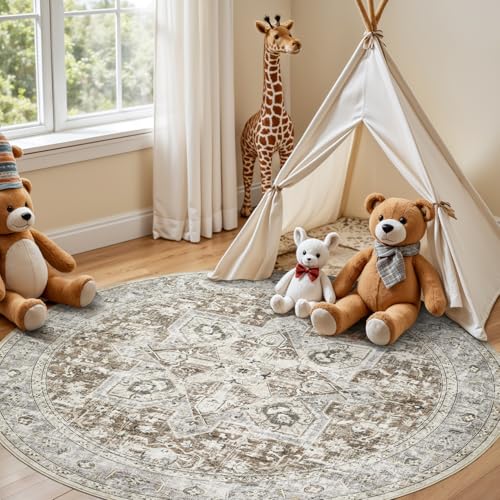 Tortania 8' Round Area Rug Living Room Rugs - Washable Boho Rug Vintage Oriental Distressed Farmhouse Large Thin Indoor Carpet for Bedroom Under Dining Table Home Office - Brown Blue