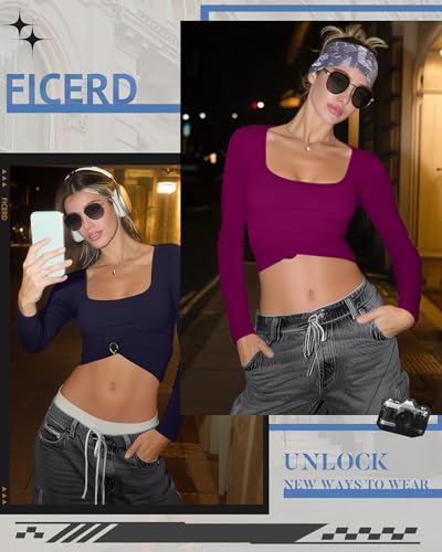Ficerd 3 Pack Square Neck Tops for Women Long Sleeve Going Out Slim Fit Shirts Cotton Basic Tees 2025 Fall Clothes4
