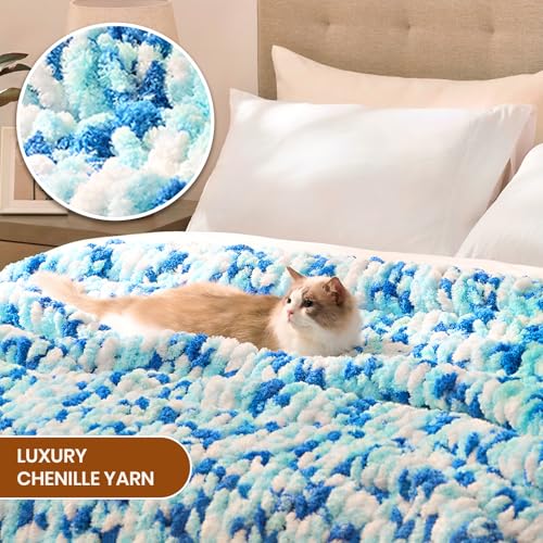Image of L'AGRATY Chunky Knit Throw Blanket for Couch, 60 x 80 Inches, Blue White