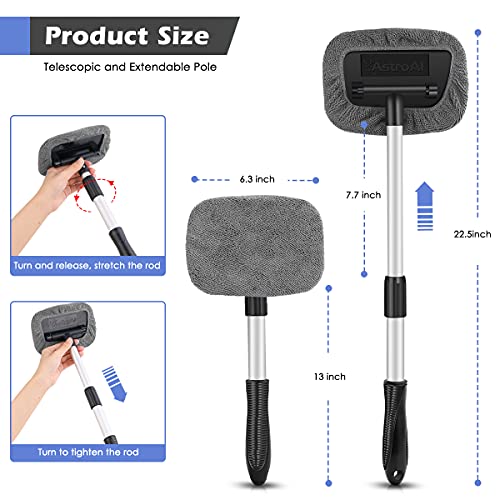 AstroAI Windshield Cleaner, Microfiber car Window Cleaner with 8 Reusable and Washable Microfiber Pads and Extendable Handle Auto Inside Glass Wiper Kit, Gray, 2 Pack - Thumbnail 2