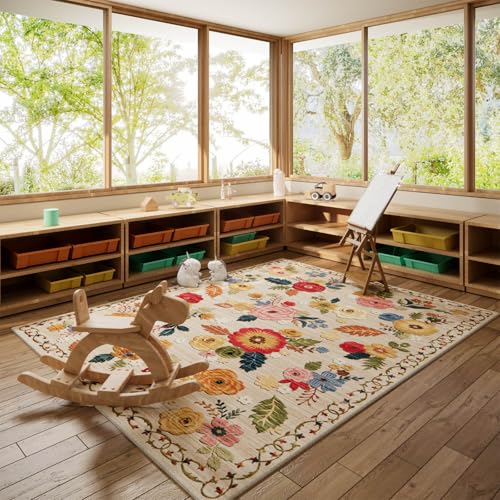 9x12 Area Rug Washable Rugs: Large Living Room Rug Stain Resistant Non Slip Distressed Vintage Floral Rug Low Pile Faux Wool Soft Rugs for Bedroom Bedside Farmhouse Dining Room Kids Playroom Nursery