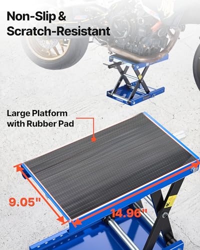 Image of VEVOR Motorcycle Lift, 1100 lbs Motorcycle Scissor Lift Jack with Wide Deck & Lock Pin, 3.74 inch-13.38 inch Center Hoist Crank Stand, Steel Scissor Jack for Street Bikes, Cruiser Bikes, Touring, Blue /Black