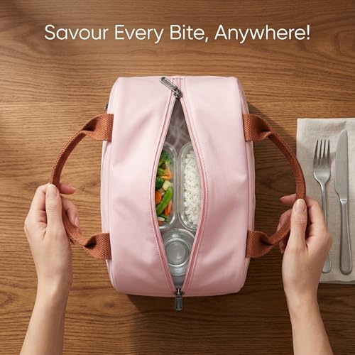 Image of SaleOn 7.5 LTR Thermal Insulated Lunch Bag for Women & Girls | Stylish Tiffin Bag | Big Size Food Carrier Tote for Office, College, School | Pink Travel Lunch Box Pouch with Handle (Pink)