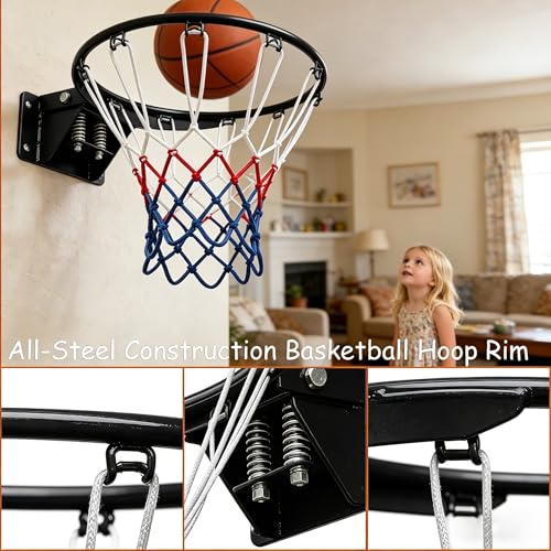 Rakon Adjustment Basketball Rim Replacement 18\" Wall Mounted Outdoor Basketball Hoop with Black Spring and Net