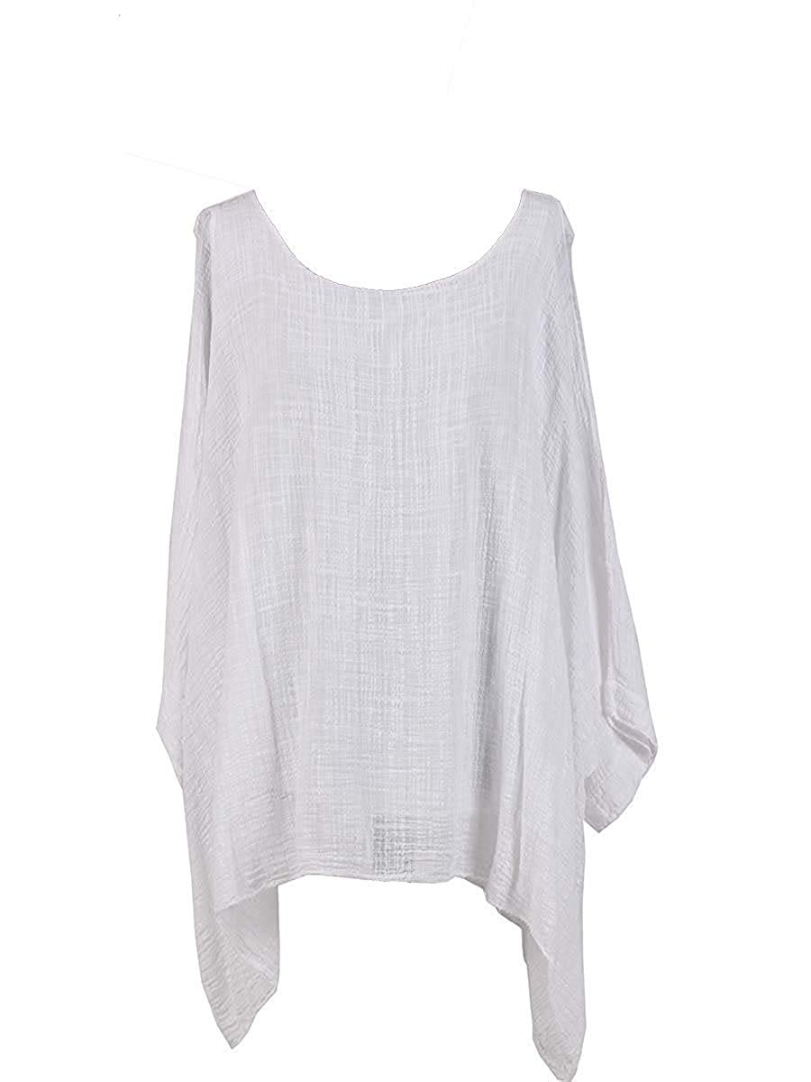 LushStyleUK New Ladies Lagenlook Batwing Top Women Plain Linen Tunic Top Plus Sizes (White)