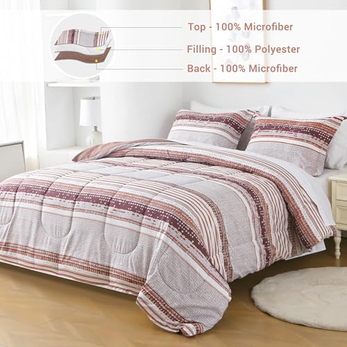 Image of lasoftan Striped Queen Comforter Set with Sheets, 7 Piece Luxury Vintage Bedding, Soft Microfiber Bed in a Bag, Cozy Lightweight Bed Set, Chocolate Brown Striped