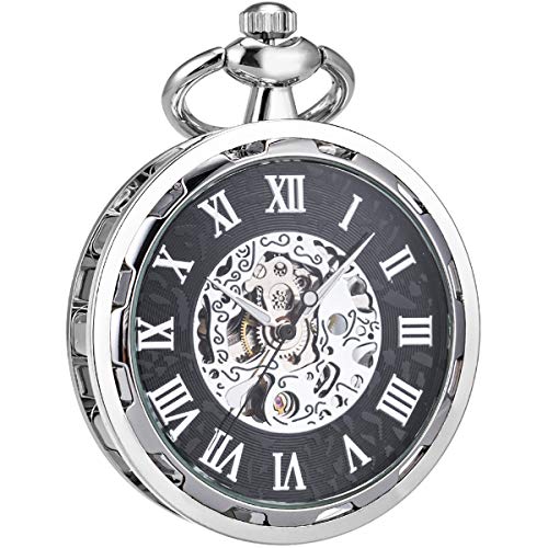 SIBOSUN Steampunk Transparent Open Face Pocket Watch for Men Women Silver Black Skeleton with Chain + Box