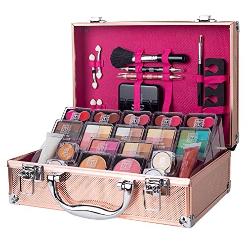 Dawn Till Dusk 80 Pieces Makeup Set with Travel Vanity Box by Envie, Includes Eyeshadow Palette, Lip Gloss, Lipsticks, Manicure Set, Makeup Brushes, Compact Mirror and Much More – (Rose Gold)