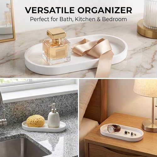 2 Stück Badezimmer Tablett Deko, Weiß Silikon Ablageschale Badezimmer Organizer Modern, Dekotablett für Wohnzimmer, Schlafzimmer, Toilette, Waschbecken, Badewanne und Küchenspüle (Oval)