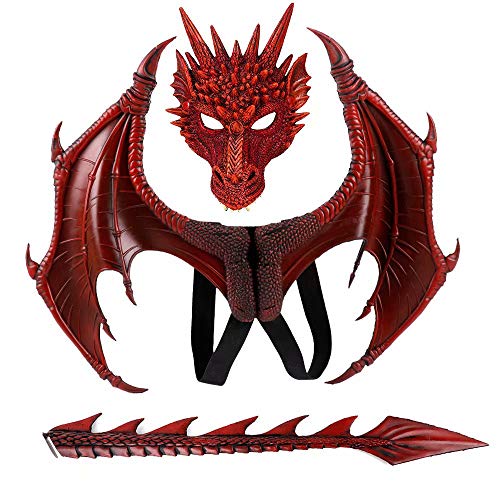 JinYiny Disfraz de alas de dragón para niños Máscaras de Dinosaurio Juego de alas y Cola 3 Piezas Disfraz de dragón de Halloween