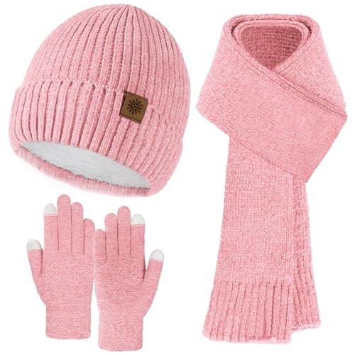 Pleneal Winter Hat Gloves Scarf Set for Women Men Warm Thick Soft Chenille